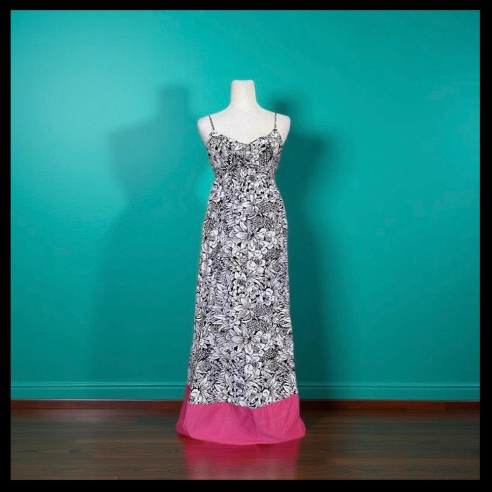 Empire Waist Floral Black White Floral Print Maxi Solid Pink Color Block Hem Y2K
